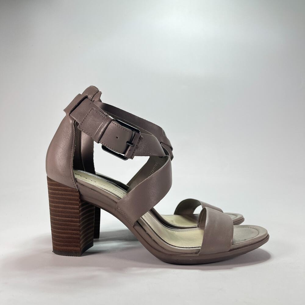 ECCO Shape 65 Warm Gray Leather Block Heeled Sandals Women's Size US 7.5 EU 38